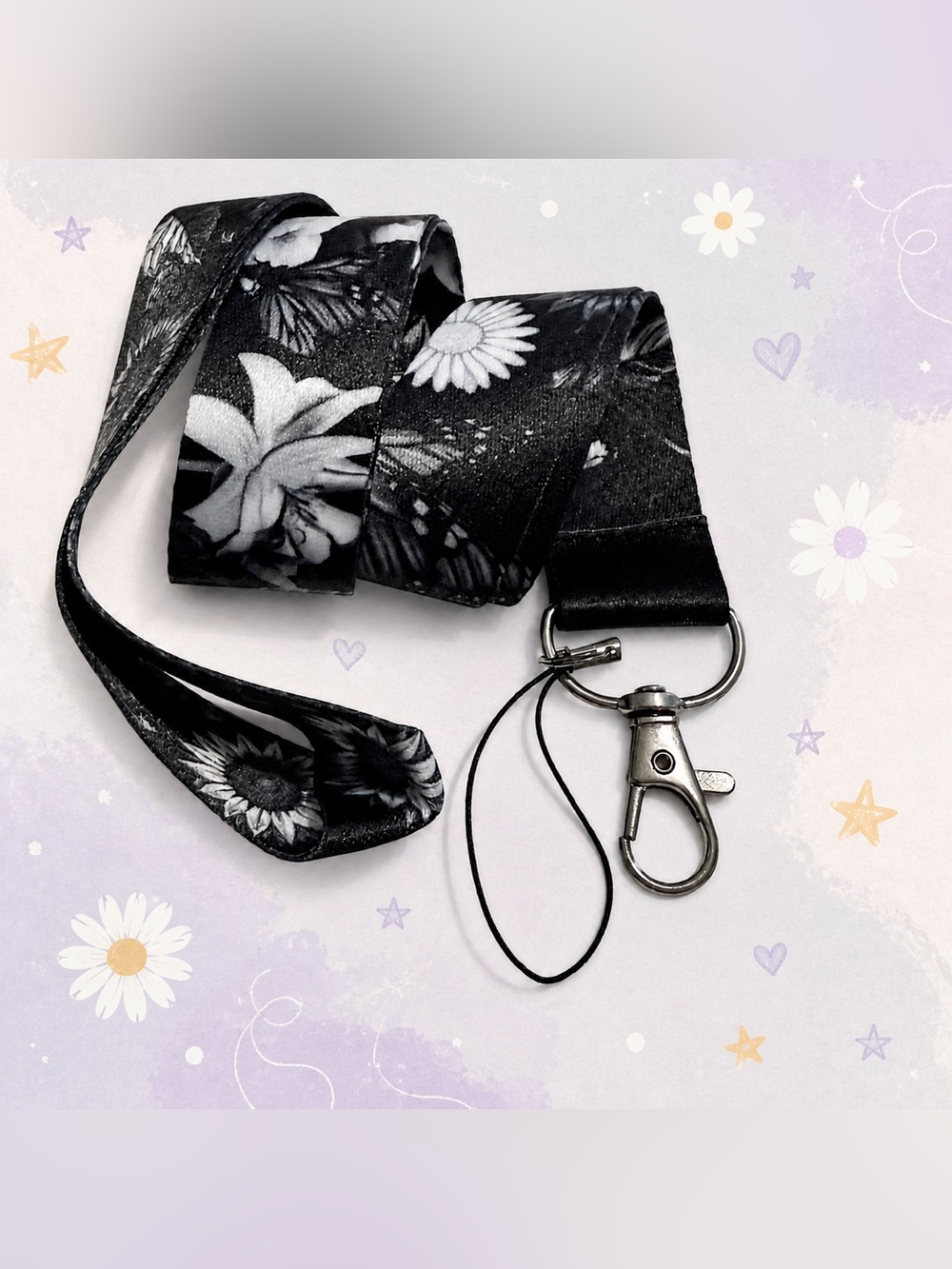 30” 🆕 Black White Floral Lanyard ID Badge Holder Keychain Phone Strap